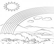 Coloriage village en montagne avec un arc en ciel et un soleil