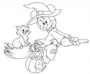 Coloriage minnie mouse sorciere volante avec chat et citrouille halloween
